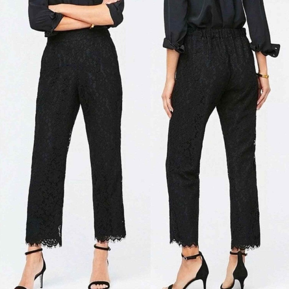 J Crew Black Lace High Rise Pants Size 2 Tall 2T Minimal Pockets Elastic Waist